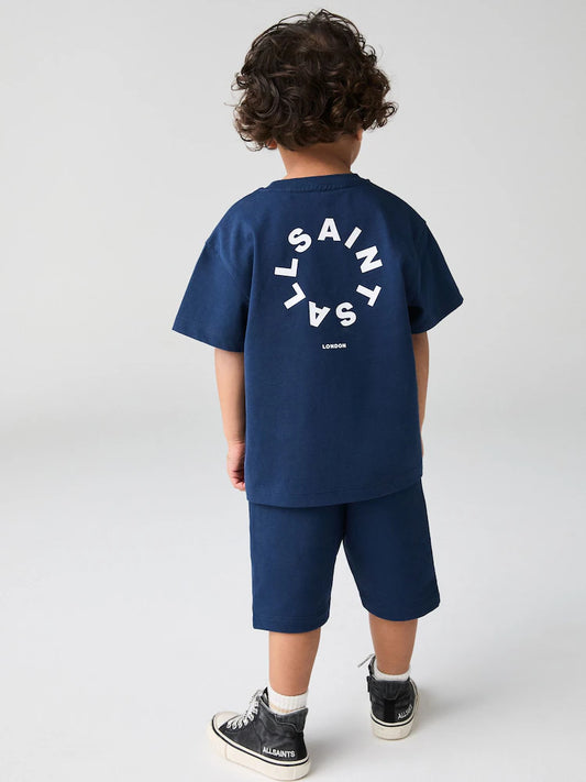 Navy Younger Boys Tierra 100% Cotton T-Shirt and Sweat Shorts Set