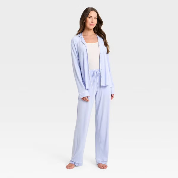 Women's Cloud Knit Long Sleeve Notch Collar Top and Pants Pajama Set
