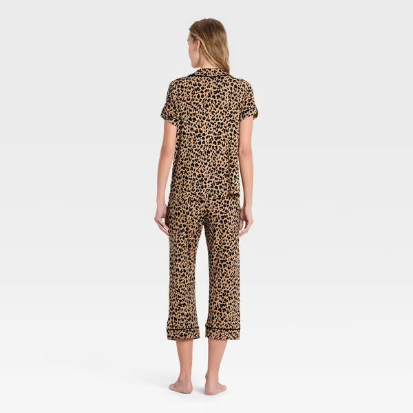 Cloud Knit Short Sleeve Notch Collar Top and Cropped Pants Pajama Set