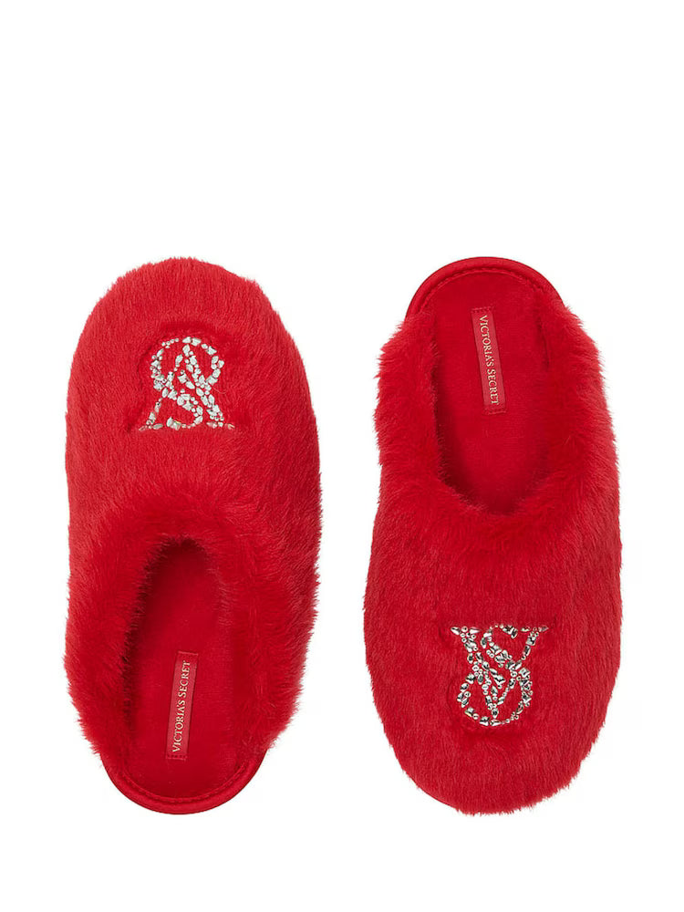 Lipstick Red Closed Toe Faux Fur Slippers