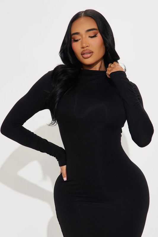Smooth Double Lined Mock Neck Maxi Dress