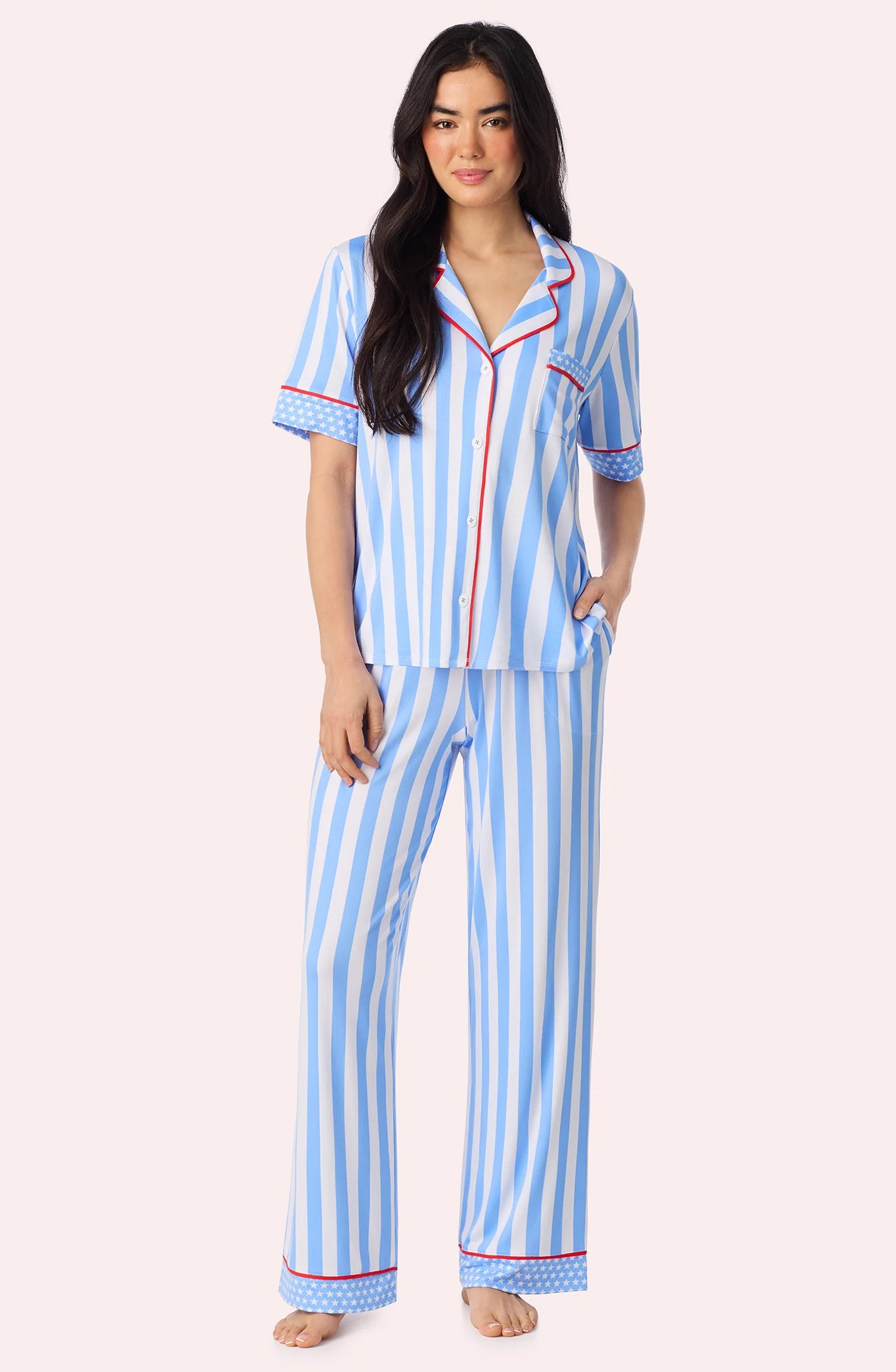 Sienna Long Knit Pj Set In True Blue Stripe