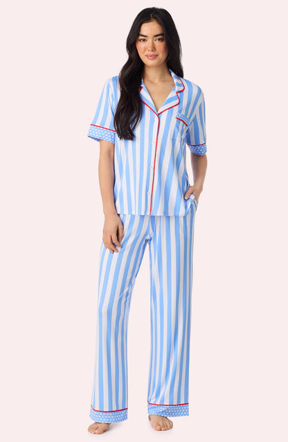 Sienna Long Knit Pj Set In True Blue Stripe