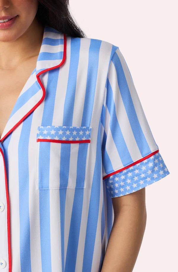 Sienna Long Knit Pj Set In True Blue Stripe
