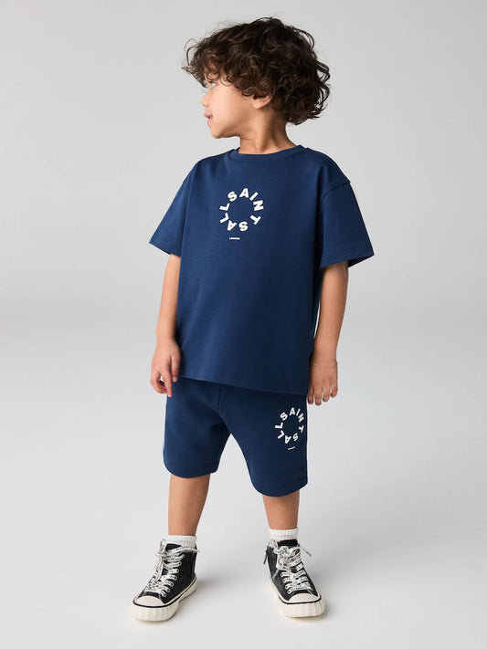 Navy Younger Boys Tierra 100% Cotton T-Shirt and Sweat Shorts Set