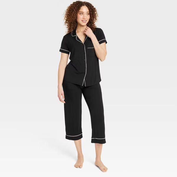 Cloud Knit Short Sleeve Notch Collar Top and Cropped Pants Pajama Set
