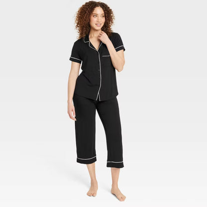 Cloud Knit Short Sleeve Notch Collar Top and Cropped Pants Pajama Set