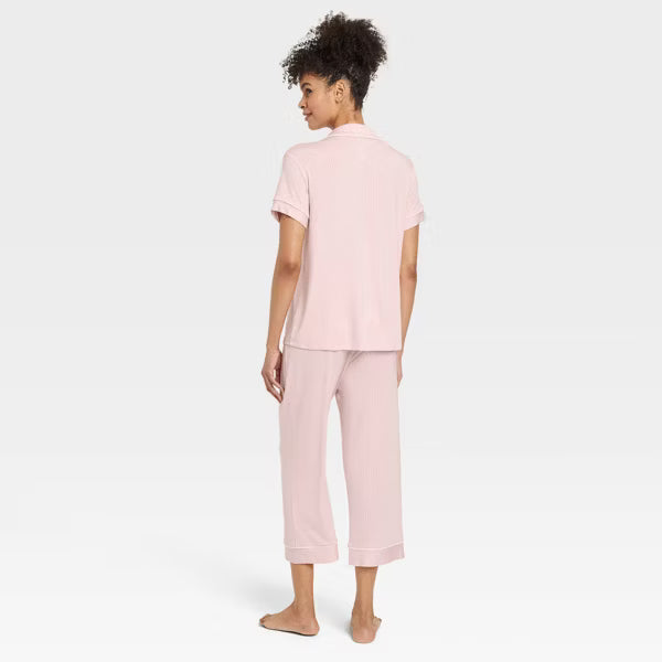 Cloud Knit Short Sleeve Notch Collar Top and Cropped Pants Pajama Set