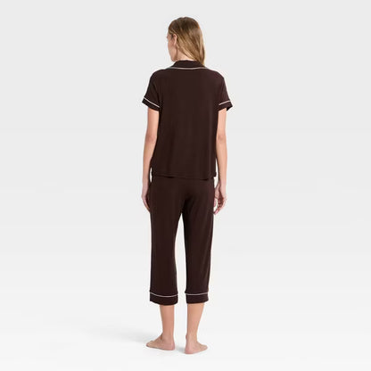 Cloud Knit Short Sleeve Notch Collar Top and Cropped Pants Pajama Set