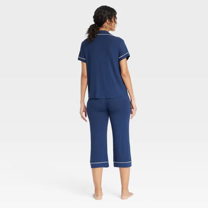 Cloud Knit Short Sleeve Notch Collar Top and Cropped Pants Pajama Set