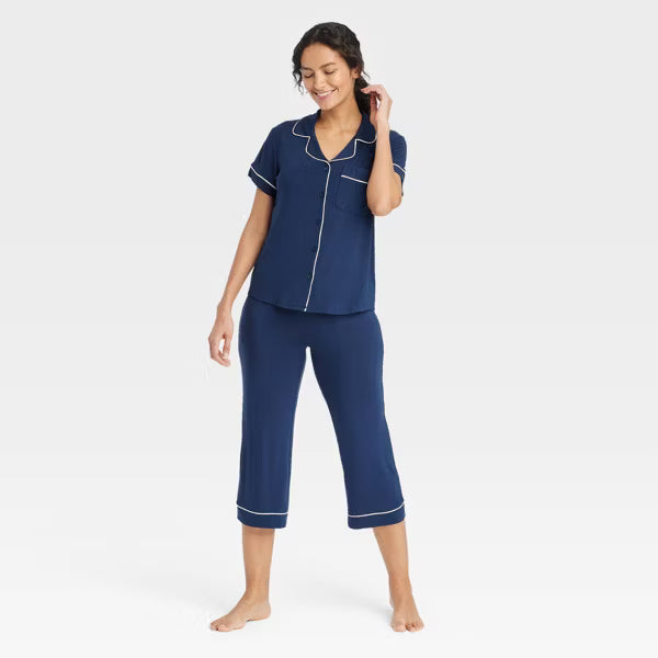 Cloud Knit Short Sleeve Notch Collar Top and Cropped Pants Pajama Set