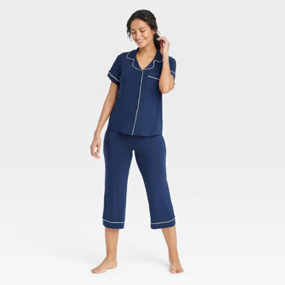 Cloud Knit Short Sleeve Notch Collar Top and Cropped Pants Pajama Set