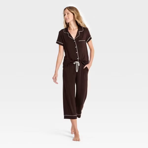 Cloud Knit Short Sleeve Notch Collar Top and Cropped Pants Pajama Set