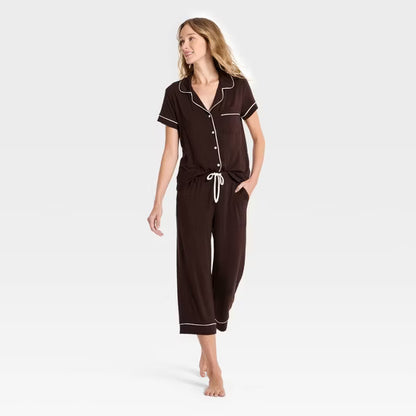 Cloud Knit Short Sleeve Notch Collar Top and Cropped Pants Pajama Set