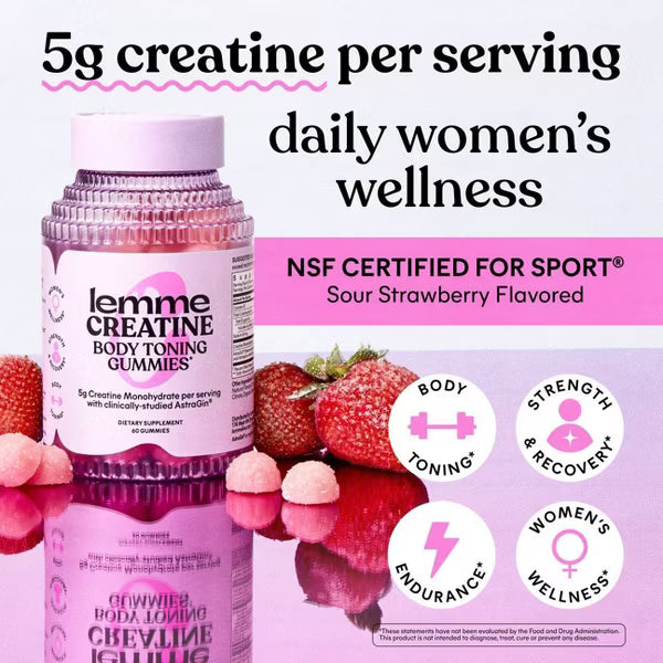 Lemme Creatine Monohydrate Gummies for Women - Vegan & Gluten-Free - Sour Strawberry Flavored - 60ct