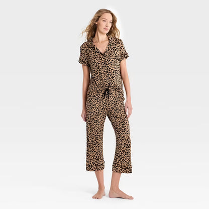 Cloud Knit Short Sleeve Notch Collar Top and Cropped Pants Pajama Set