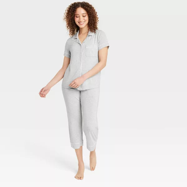 Cloud Knit Short Sleeve Notch Collar Top and Cropped Pants Pajama Set
