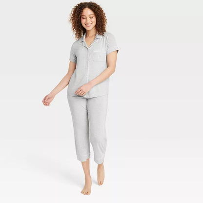 Cloud Knit Short Sleeve Notch Collar Top and Cropped Pants Pajama Set