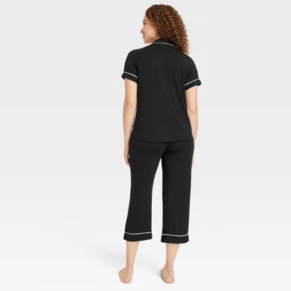 Cloud Knit Short Sleeve Notch Collar Top and Cropped Pants Pajama Set