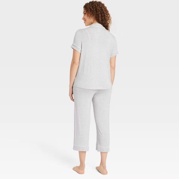 Cloud Knit Short Sleeve Notch Collar Top and Cropped Pants Pajama Set