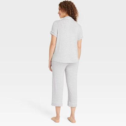 Cloud Knit Short Sleeve Notch Collar Top and Cropped Pants Pajama Set