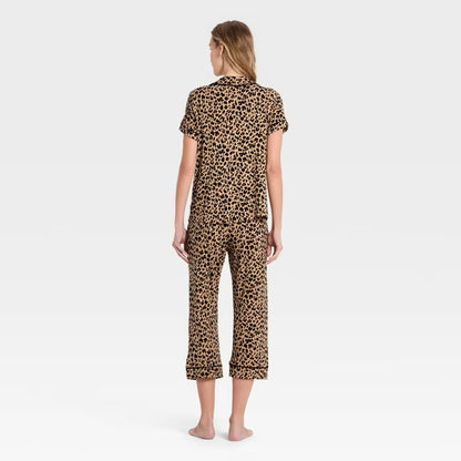 Cloud Knit Short Sleeve Notch Collar Top and Cropped Pants Pajama Set