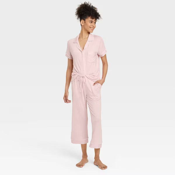 Cloud Knit Short Sleeve Notch Collar Top and Cropped Pants Pajama Set