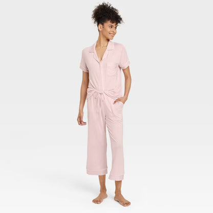 Cloud Knit Short Sleeve Notch Collar Top and Cropped Pants Pajama Set