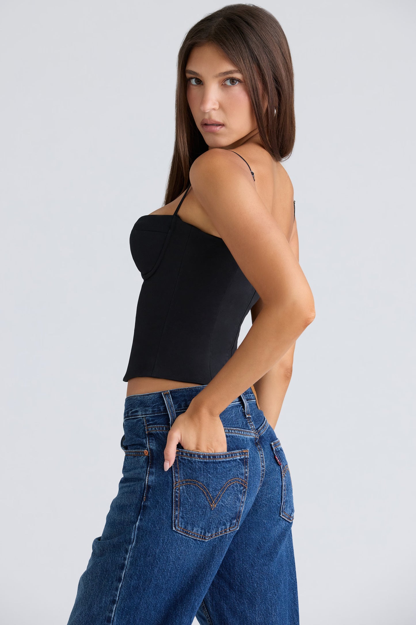 Samaria Black stretch twill corset top with cups