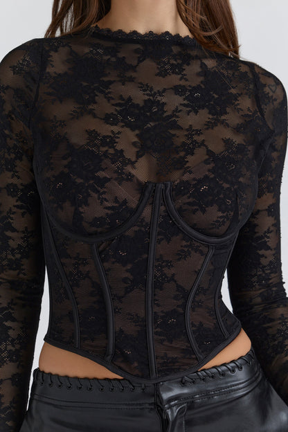 Zoe black lace long sleeve corset top